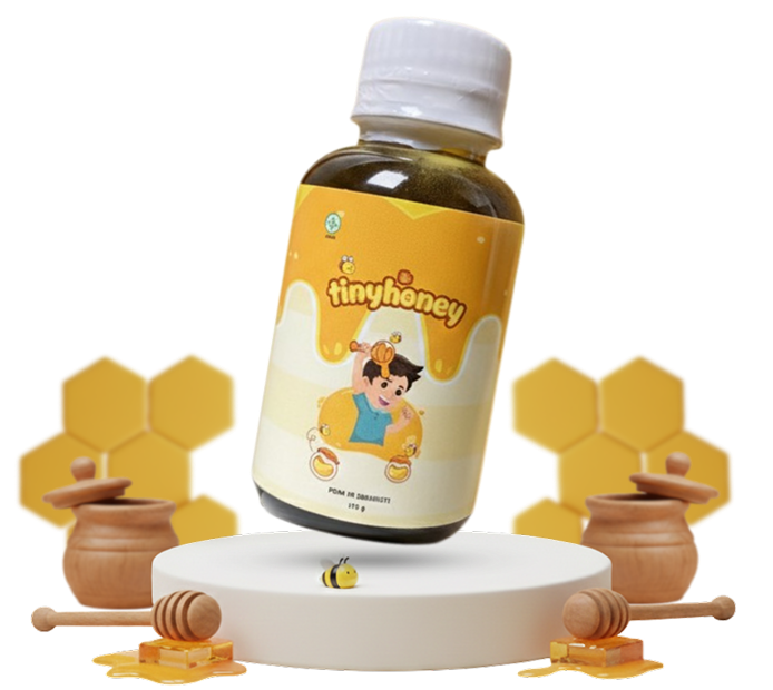Botol produk TinyHoney dengan komposisi madu murni dan 6 ekstrak herbal alami