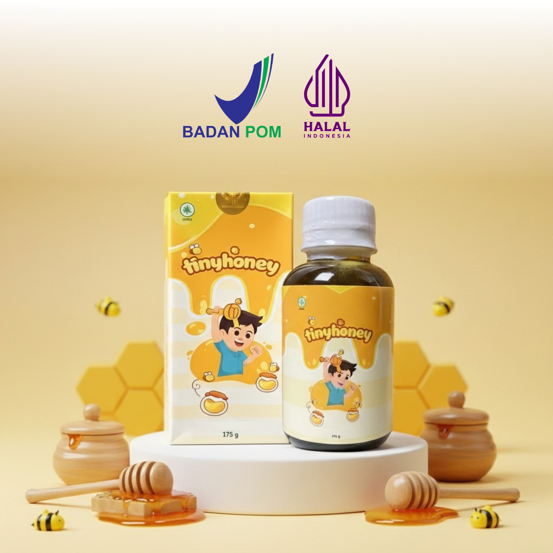 Produk TinyHoney dengan logo BPOM dan Halal yang terlihat jelas pada kemasan